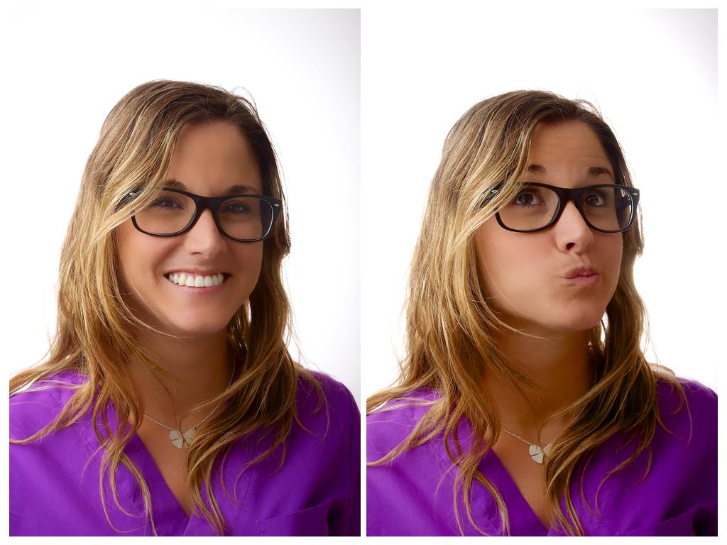 Two photos of a hygienist woman, one smiling and the other joking